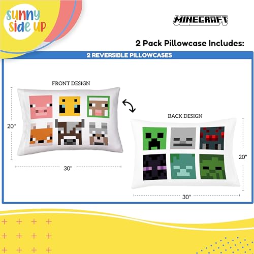 Sunny Side Up Minecraft Mobs & Animals 2 Pack Reversible Pillowcases - Double Sided Pillow Covers, Kids Super Soft Creeper Bedding - color: White - Minecraft