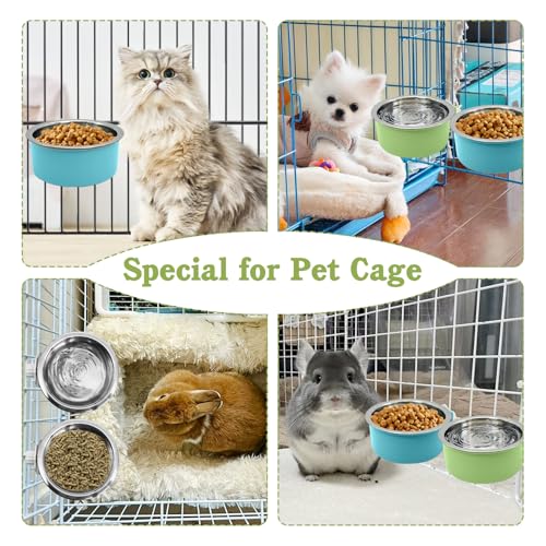 Tfwadmx 4 Pcs Crate Dog Bowl Cat Removable Stainless Steel Food and Water Feeder Hanging Cage Bowls Coop Cup with Cleaning Set for Pet Puppy Bird Rat Guinea Pig Ferret Bunny Rabbit (Light Blue&Green) - color: Light blue, light green (4 PCS)