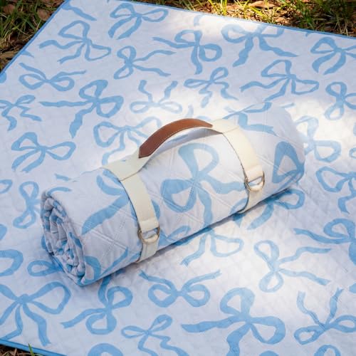 SmoothNovelty Blue Bow Picnic Blanket 80'' x 80'' Waterproof Extra Large Camping Blanket Coquette Picnic Mat Foldable Portable Preppy Outdoor Beach Mat with Carry Strap for Outdoor Grass Lawn Park - color: Blue