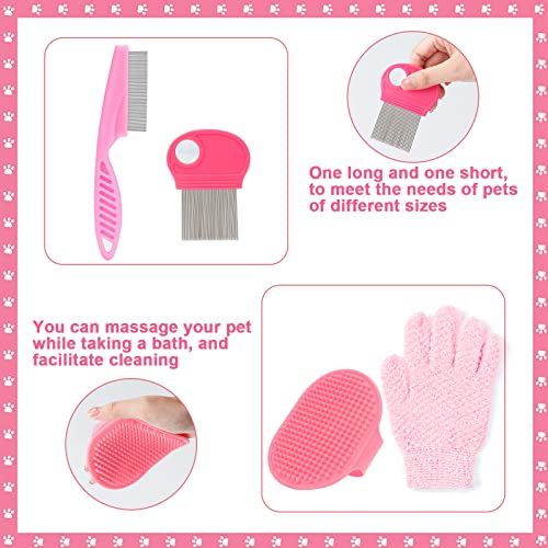 VCZONE Pink Small Animal Grooming Kit with Nail Clipper, Flea Comb, Shampoo Brush, Slicker Brush, Massage Glove for Rabbits - color: Pink