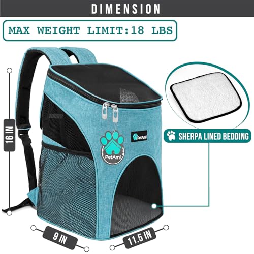 PetAmi Cat Backpack Carrier, Airline Approved Pet Carrier Backpack for Small Dogs and Large Cats, Soft Sided Collapsible Ventilated with Sherpa Bed for Hiking Travel, Max 18 lbs, Sea Blue - color: Sea Blue