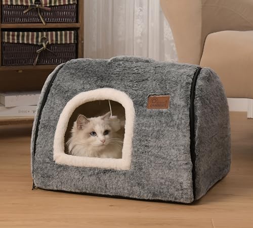 cat Bed cave-cat beds for Indoor Cats,Soft and Comfortable Cute cat House,with Removable Washable Cushioned Pillow,Enclosed pet Bed,Kitty cat hut、Hideaway,Small Large Dog Tent (Dark Grey) - color: Dark Grey, size: L:(20.4"×15.5"×15")