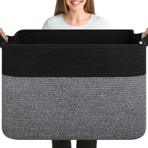 OIASKET 108L Cotton Rope Storage Basket for Living Room and Bedroom 25"x16"x16" Woven Laundry Basket, Heavy Duty Bin for Blankets, Pillows & Toys, Pet-Safe & Scratch-Free, Black - color: Black