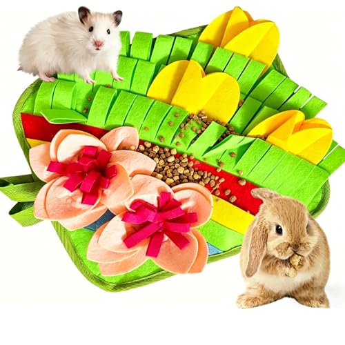 Rabbit Snuffle Mat, Interactive Foraging Pad for Small Pets, Anti-Slip Felt Feeding Mat for Bunny, Hamster, Guinea Pig, Ferret, Machine Washable Boredom Relief Toy (Floral)