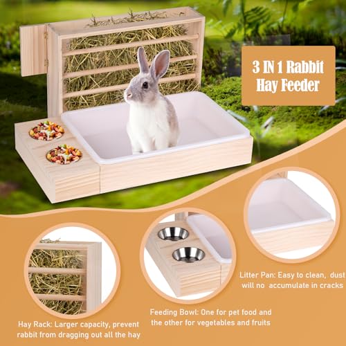 Rabbit Hay Feeder with Litter Box, Bowl Tray for Small Bunnies | Hay Holder Rack with 2 Bowls, Litter Box for Small Animal Guinea Pig Hamster Chinchilla