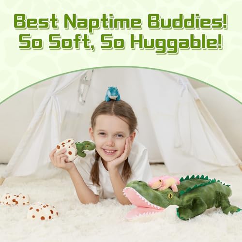 Alligator Stuffed Animal with 3 Babies, 23.6" Wild Aniaml Plush | 7Pcs Alligator Plush Family; Mommy Crocodile, 3 Babies & 3 Eggs; Zipper Belly Pretend Play; Birthday Christmas Gift for Kids - style: Alligator Green