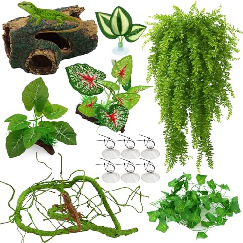 13 PCS Reptile Reptile Eco Bottle Decoration Set - vines, eco bottle plants, hanging greenery, leaf feeders, lizards, geckos, bearded dragons Landscape drawn hideout logs and habitat accessories
