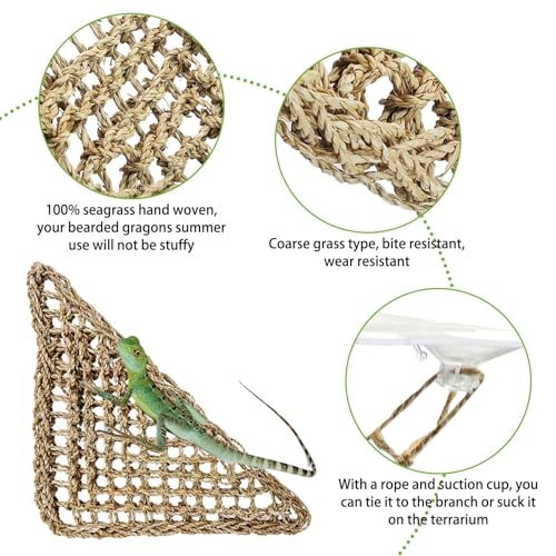 kathson Bearded Dragon Hammock, Bearded Dragon Accessories, Natural Seagrass Reptile Hammock, Reptile Lounger Habitat Decor for Chameleons, Lizards, Geckos, and Snakes（11 x 7.8 x 7.8 inches, 2 PCS）