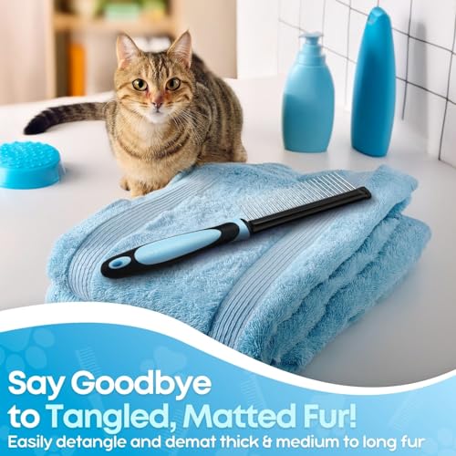 Flexzion Metal Dog Comb for Grooming and Dematting, Blue Soft-Grip Handle | Detangling Pet Comb for Dogs and Cats with Rounded Stainless Steel Teeth and a Non-Slip Grip - color: Blue
