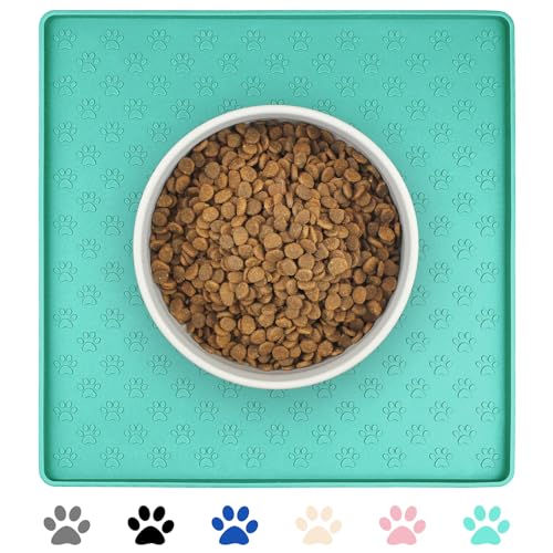 Ptlom Pet Placemat for Dog and Cat, Waterproof Non-Slip Silicone Feeding Bowl Mat Prevent Food and Water Overflow, Puppy Dish Feeder Fountain Trays Suitable for Medium and Small Pets, Green - color: Green, size: 11.8"L x 11.8"W