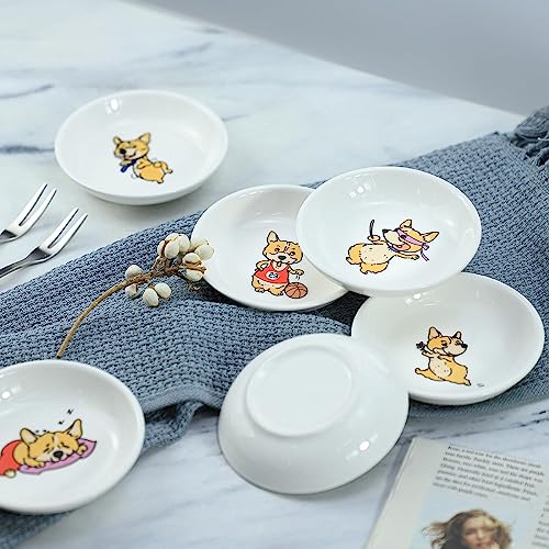 Super Cute Cartoon Animal Pattern Ceramic Sauce/Seasoning/Sushi Soy Dipping Bowl/Appetizer Plates/Serving Dish for Kitchen Home (Set of 6) - Corgi - color: Sporting Corgi