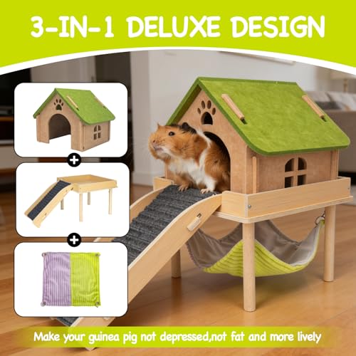 BESNEW 3 in 1 Enlarged Guinea Pig Hammock,Wooden Guinea Pig Hideout with House & Platform & Stairs Small Animal Toys for Hiding Sleeping Activities - color: Matcha Brown