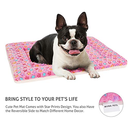 Mora Pets Dog Bed Crate Pad Ultra Soft Pet Bed with Cute Star Print Washable Crate Mat for Large Medium Small Dogs Reversible Fleece Dog Crate Kennel Mat Cat Bed Liner 23 x 18 inch Pink - color: Pink, size: 24-Inch