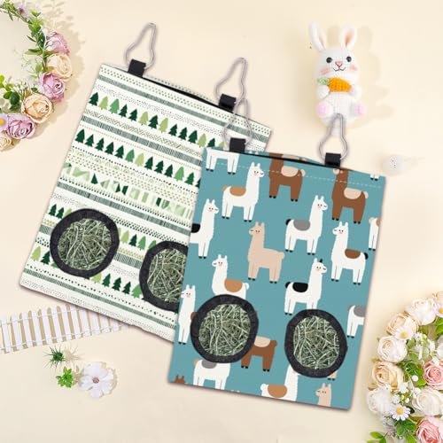 2Pcs 2 Styles Rabbit Hay Feeder Bags Guinea Pig Hay Bag with 2 Holes Tree Alpaca Pattern Oxford Cloth Washable Rectangle Feeding Storage for Small Animal Chinchillas Hamster 12 x 9 Inch - color: Mixed Shapes