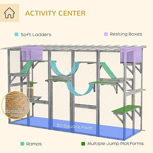 PawHut Catio Outdoor Cat Enclosure Window, 118" x 37.5" x 74", Gray | Outdoor Cat House, Weather Protection Roof, for Multiple Kitties, Wooden Frame, Shelves & Bridges - color: Grey