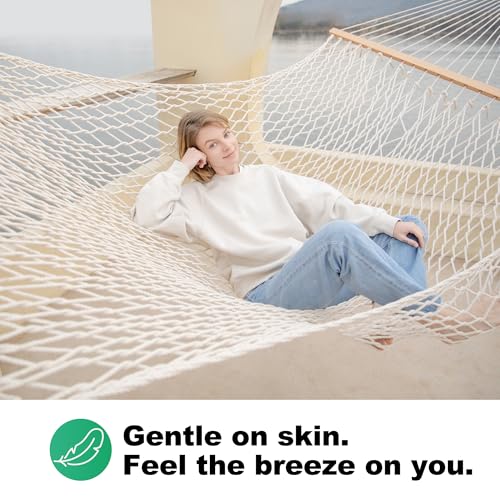 GAFETE Rope Hammock 2 Person Traditional Hand Woven Outdoor Cotton Hammocks with Hardwood Spreader Bar, Max 450 lbs Capacity (Natural Beige, Large) - color: Natural Beige, size: Large