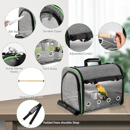 Bird Carrier Bag Bird Travel Cage Indestructible Stainless Steel Mesh, Bag with Stand for Parrot, Portable Bird Travel Bag, Pet Transparent Breathable Travel Cage