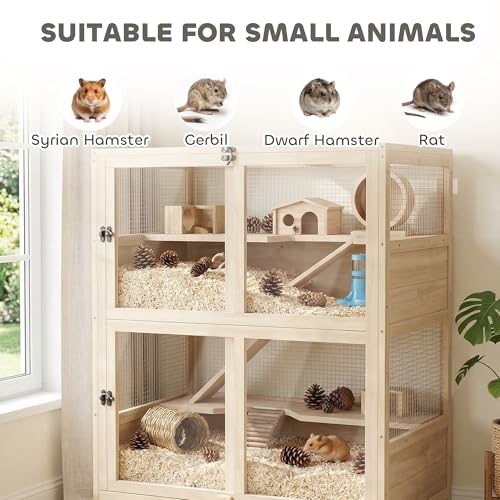PawHut Wooden Hamster Cage for Syrian Mice Gerbil 33" x 21" x 36" | 4 Tier Small Animal Cage, Mesh Flip Roof, Pull-Out Tray, Huts, Seesaws, Ramps, Water Bottles, Hamster Habitat, for Dwarf