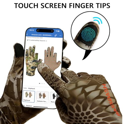 BASSDASH Unisex Fleece Liner Lightweight Camo Hunting Gloves HG07 | Stretch Fleeced Warm Anti-Slip Gloves with Touchscreen for Men Women Cool Weather Shooting Photography Fishing - color: Highland Ⅱ, size: Medium