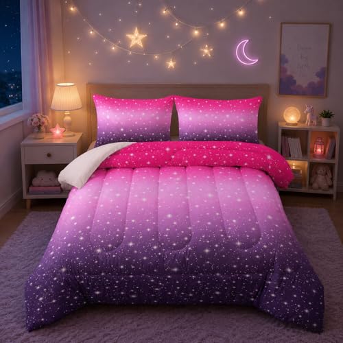 Nttopship Pink Purple Glitter Comforter Set King Size 3 Pieces Bed in A Bag for Teen Girls,Pink Violet Gradient Bedding Set,Rainbow Colorful Tie Dye Bedroom with 1 Comforter and 2 Pillowcases - color: 3d Colorful, size: King
