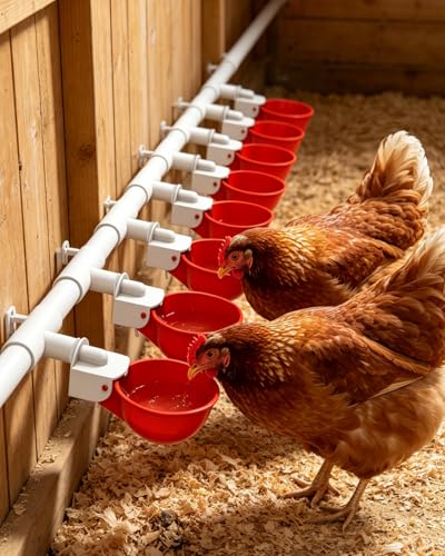 Chicken Waterer Cups (16 Pack) with 3/8" Drill Bit - Red | Automatic Poultry Drinker Feeder Kit for Chickens, Ducks, Turkeys, Quail, Bunnies | DIY Gravity Fed Bucket Water Dispenser - color: Red, size: 16 Pack + Drill bit