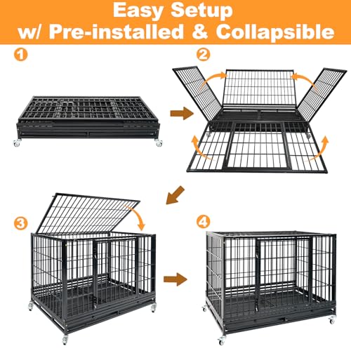 Homey Pet Two Tier Heavy Duty Stackable Dog Crate Cage Kennel for Large Dog | 47 Inch Indestructible Kennel with Wheels, Removable Trays and Grids, Escape Proof Auto Lock, Ideal for Breeders and Groomers - size: 46.5"L x 28.5"W x 68"H