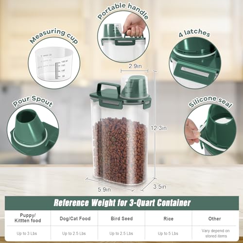TBMax Small Dog Food Storage Container 3 Qt with Cat Food Can Cover and Mixing Spoon, Portable Travel Pet Food Dispenser with Large Spout and Cup -Bottle Green - color: Dark Green 3Qt