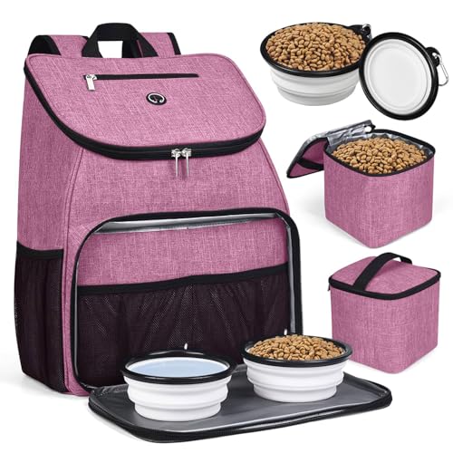 BAGLHER丨Dog Travel Bag, Airline Approved Pet Supplies Backpack, Dog Travel Backpack with 2 Silicone Collapsible Bowls and 2 Food Baskets - color: Light pink-A