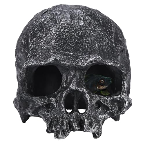 Resin Reptile Hideout for Tank Realistic Skull Decor for Terrarium Black Decorative Skeleton Head Hides and Caves for Fish Ball Python Axolotl Tarantula - color: Black