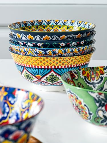 HENXFEN LEAD Boho Ceramic Cereal & Soup Bowls Set of 6, 24 oz | Assorted Patterns, Ideal for Oatmeal, Pasta, Salad, Rice, Fruit & Everyday Meals, Microwave & Dishwasher Safe - size: 24 Oz
