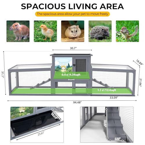 COZIWOW 95inches Extra Large Wood Rabbit Hutch Outdoor Easy to Assemble and Stable Bunny Cage Indoor with Cleaning Tray & Waterproof Roof for Small and Medium Bunny Rabbit Chick（Grey with Pattern） - color: Gray