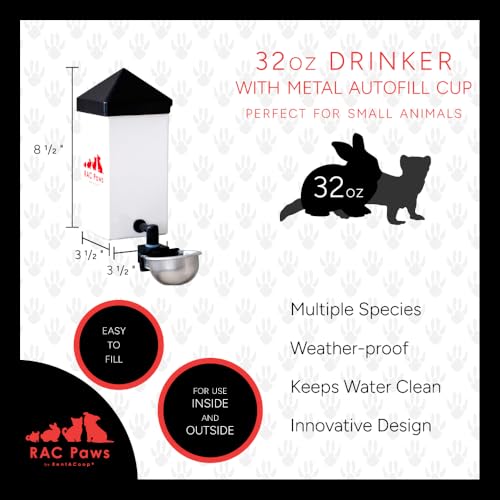 RentACoop No-Drip 32oz Small Animal Drinking Bottle with Auto-Fill Metal Cup for Small Pet/Bunny/Ferret/Hamster/Guinea Pig/Rabbit/Chinchilla/Mouse/Rat. Food Grade Plastic (Pack of 2) - size: 32 Oz (Pack of 2)