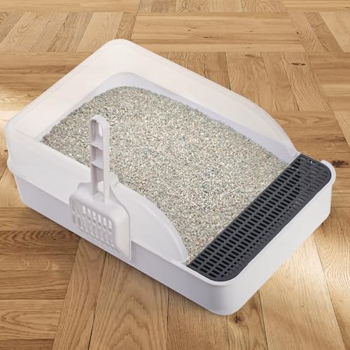 Lawei Open Top Cat Litter Box with High Side, Anti-Splashing Cats Litter Pan with with Litter Sifting Scoop, Semi-Closed Detachable Cat Cleaning Basin Kitten Toilet for Small Animal/Rabbit