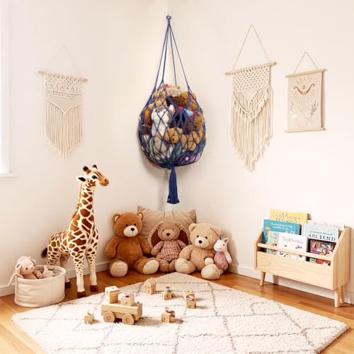 Stuffed Animal Storage Hammock Corner Hanging Net Stuffy Animal Hammock Macrame Toy Display Plush Toy Holder for Kid Bedroom Decor Boho Nursery Playroom Organizer (Blue) - color: Blue