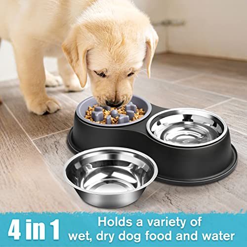Epetslove Double Dog Water and Food Bowls Raised Slow Feeder Black | Stainless Steel, Raised Feeding Station, Removable Slow Feeder, Anti-slip Base, For Puppies, Medium Dogs, Cats & Multi-pet - color: 2. Slow Feeder, size: Medium-18oz