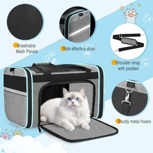 HUANLANG Large Cat Carrier Soft Sided Travel Pet Carrier Airline Approved | Dog Carriers for Small Dogs Medium Cats,Collapsible,3 Storage,zipper lock,Reflective strips,Luggage Strap, Up to 15 Lbs, Grey - color: Gray