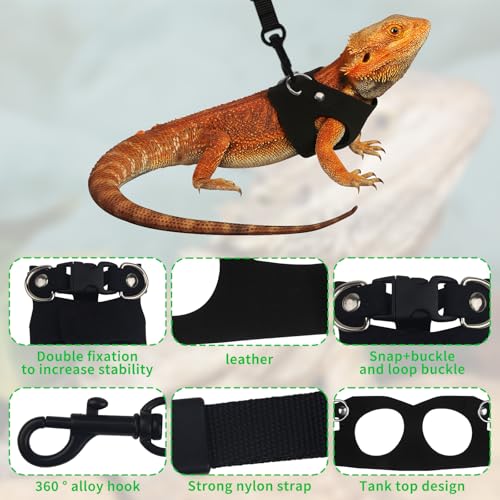 3Size Black Bearded Dragon Leash and Harness Set with Lizard Traction Rope | for Reptile, lizard leash/ squirrel harness/ Small Rabbit traction rope (S, M, L)