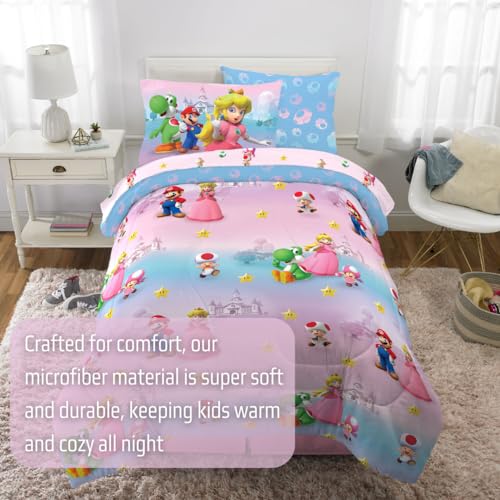 Super Mario Girl Princess Peach Girl Gamer Kids Bedding Super Soft & Cozy Reversible Microfiber Comforter and Sheet Set with Sham, 5 Piece Twin Size, (Officially Licensed Product) By Franco - color: Super Mario Girl, size: 5 Piece Twin Size