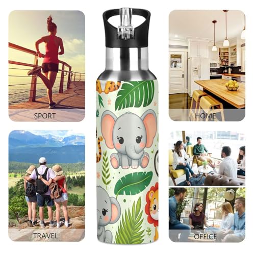 Elephant Palm Leaf Water Bottle Kids Stainless Steel Bottle with Straw Lid | Leak Proof Boys Girls Insulated Tumbler Cup for School 20 oz - color: Multi1