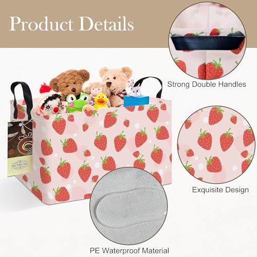 Rectangle Foldable Storage Basket Handles For Home, Pink Strawberry | Waterproof canvas material, reinforced handles, perfect for shelf use, organizes clothes, daily items and pet supplies - color: REC-Pink Strawberry