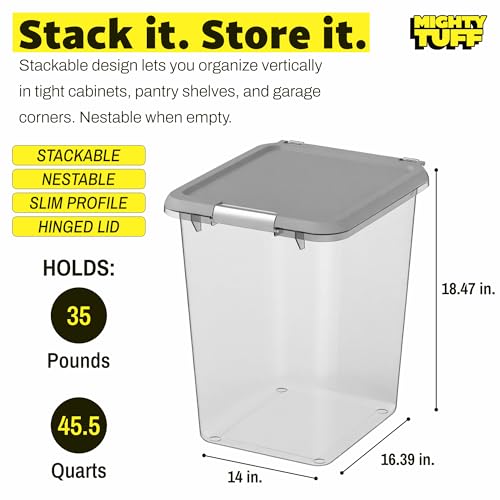 Mighty Tuff 35 lb Pet Food Storage Container with Airtight Lid, Clear | Secure lid clasp helps keep dog and cat food fresh while the clear container simplifies pantry organization.