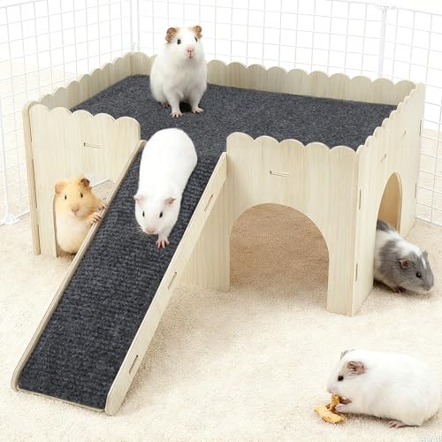 Guinea Pig Hideout, Wooden Small Animal Castle Habitat with Stairs, Hamster Bunny Chinchilla Hideaway Hut for Playing Hiding, Beige, Black, 1 Set