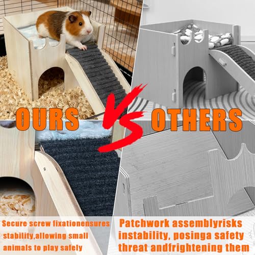 Guinea Pig Hideout Wood, Hamster Hideout Large, Rabbit Castle with Ramp, Bunny House for Cage, Chinchilla House Castle, Small Animal Hideout House, for Ferret Hedgehogs Playing Hiding Sleeping