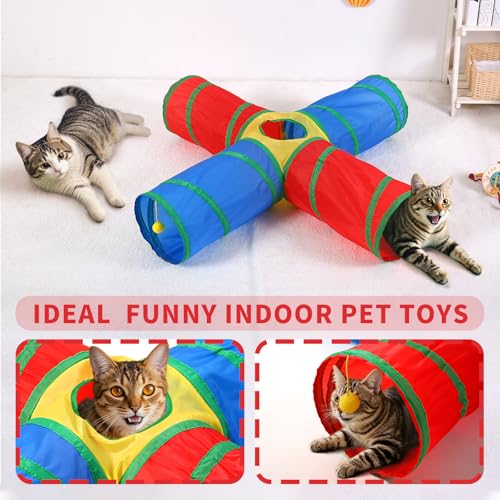 Pet Cat Tunnel, 4 Way Tunnels for Indoor Cats, Collapsible Pet Tunnel for Kitten, Puppy, Rabbit, 25cm-Wide Tunnels, Durable & Breathable, with Peek Hole Toy Ball - color: 4-way Junction Tunnel & Rainbow