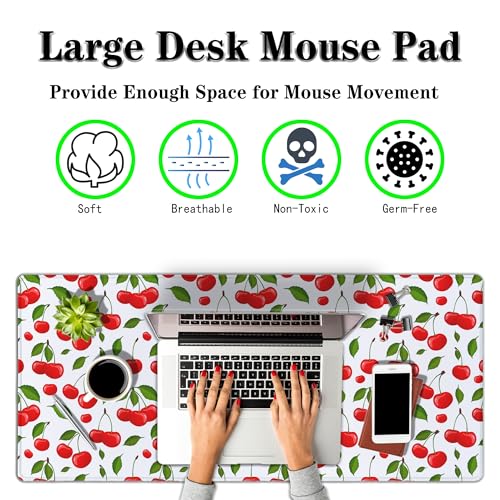 Big Mouse Pad White Red Gaming Mouse Pads Computer Desk Mats 900X400 Mouse Pad Non-Slip Rubber Base Waterproof with Stitched Edges 35.4 X 15.7 for Game Office, Cherry Pattern - color: Cherry