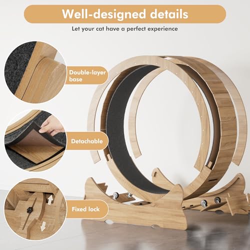 Mondeer 46'' Cat Wheel with Carpet Track and Teaser, Natural Wood | Cat Exercise Wheel, 46'' XL Treadmill with Carpeted Runway, Removable Carpet and Teaser, for Indoor Cats Running and Walking. - color: Natural Wood, size: 43.3