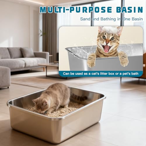 Large Stainless Steel Cat Litter Box, High Sides No-Splash,1 Pack | Easy Clean Non-Stick Pan For Adult Cats or Kitty/Kitten, Rust-Proof, No Smell, Easy to Clean