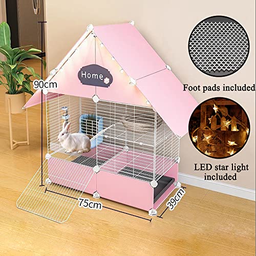DuvinDD 2-Story Small Rabbit Cage Indoor Bunny Hutch with 2 Deep Pull-Out Trays and Urine Guard, Guinea Pig Cage Metal Wire Netting Villa, Small Animals House for Ferret, Chinchilla, Hedgehog - color: Pink