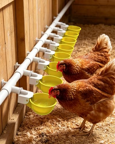 Chicken Waterer Cups (16 Pack) with 3/8" Drill Bit - Yellow | Automatic Poultry Drinker Feeder Kit for Chickens, Ducks, Turkeys, Quail, Bunnies | DIY Gravity Fed Bucket Water Dispenser - color: Yellow, size: 16 Pack + Drill bit