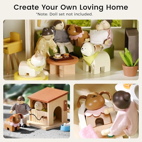Tiny Land Wooden Dollhouse Animal Set for Toddlers, Dollhouse Accessories | Dolls House Furniture Sets for Toddlers, Montessori Pretend Play Family Pets Set Toys, Gift for Kids Age 3+